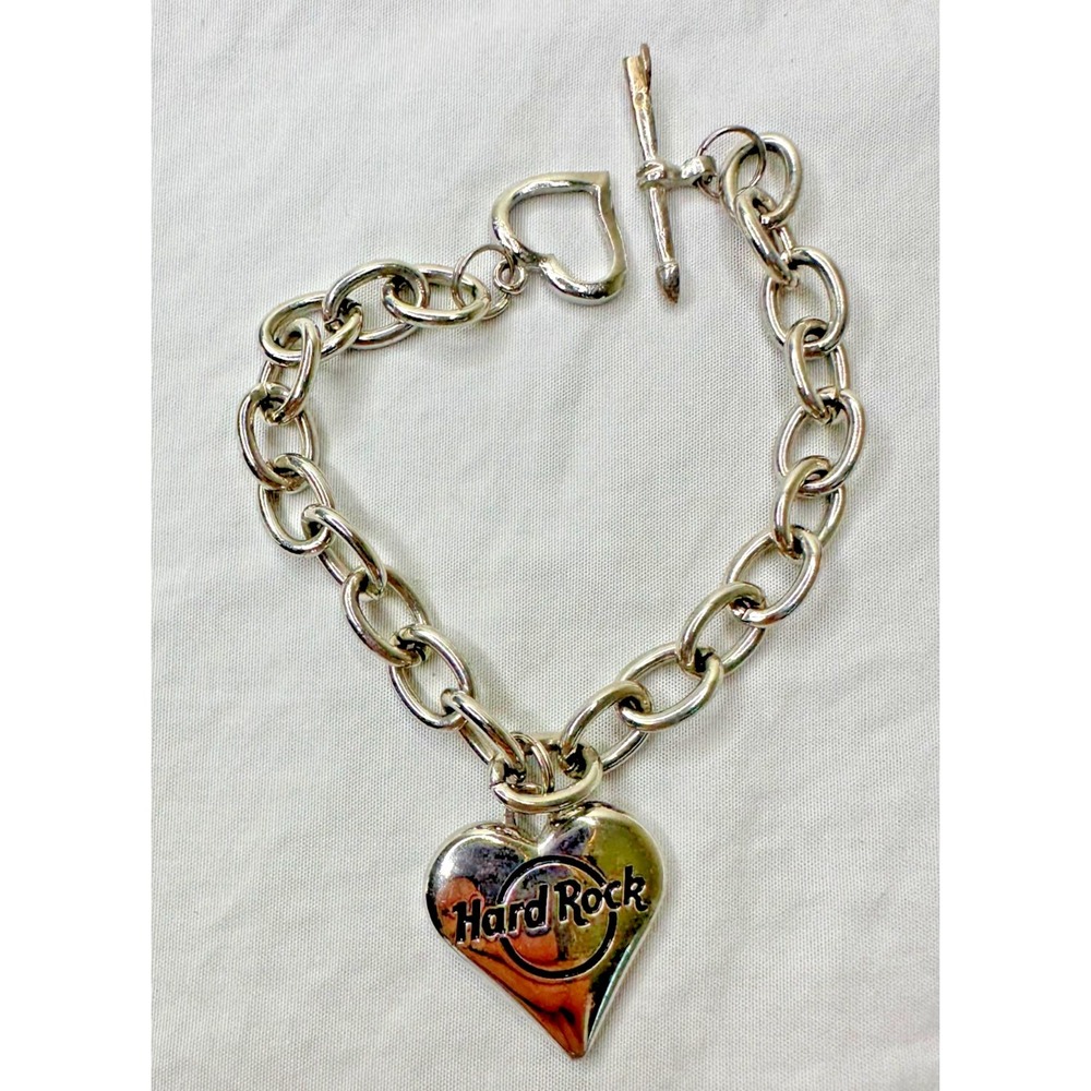 Hard Rock Cafe Bracelet Live Love Rock Heart Dangle Silver Tone Chunky Arrow